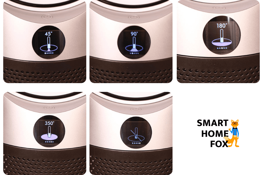 Unterschiedliche Winkel der Rotationsbewegung vom Dyson Purifier Cool Autoreact werden auf dem LCD-Display des Luftreinigers angezeigt